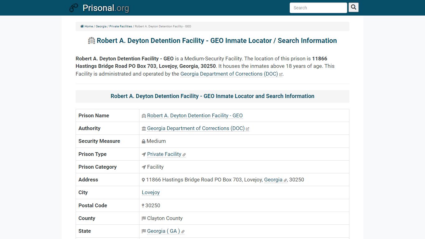 Robert A. Deyton Detention Facility - GEO-Inmate Locator ...